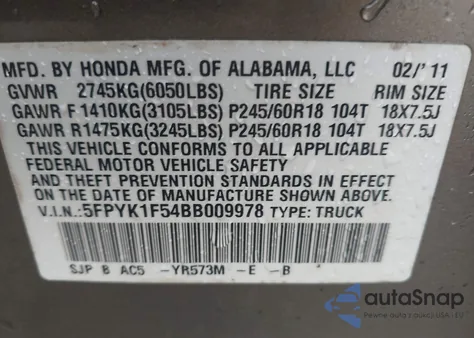 2011 Honda Ridgeline Rtl z USA, uszkodzony, nr VIN 5FPYK1F54BB009978